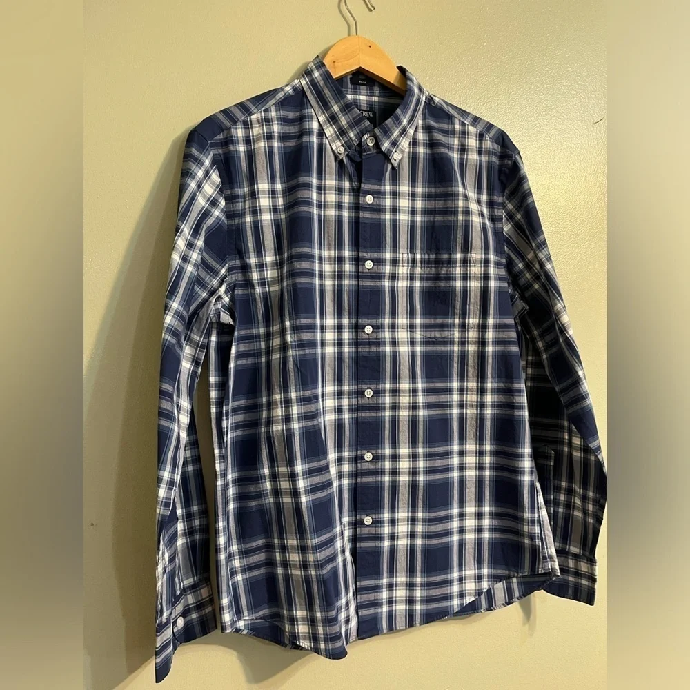 J Crew Flex Washed Slim Fit Blue Plaid Button Up Shirt Men’s Long Sleeves Sz L